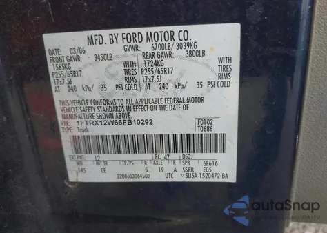 2006 Ford F-150 Stx/Xl/Xlt z USA, uszkodzony, nr VIN 1FTRX12W66FB10292